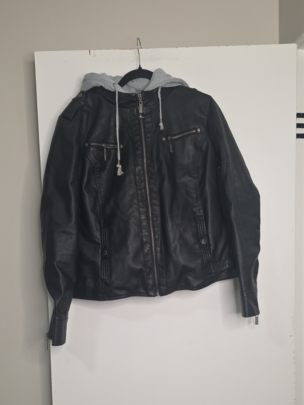 Black Faux Leather Hooded Jacket